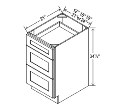 Slim Shaker — Vanity Drawer Base Cabinet - 21"W x 34 1/2"H x 21"D - 3 DRW — highest-resolution technical cabinet drawing