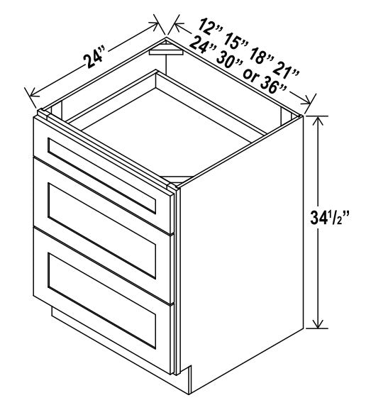 SE-3DB18 — 3-Drawer Base Cabinet - 18”W x 34-1/2”H x 24”D - 3Drw