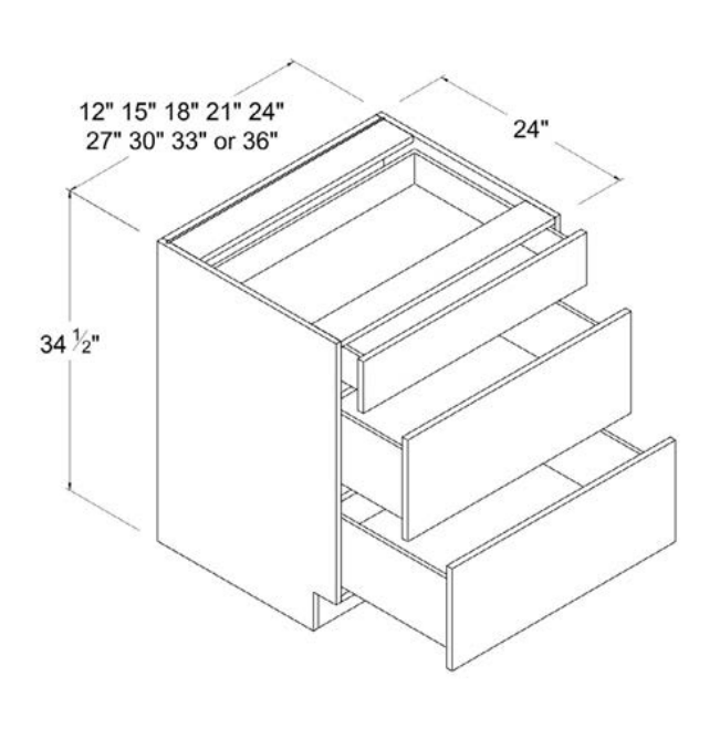 SW-3DB27 — 3-Drawer Base Cabinet - 27”W x 34-1/2”H x 24”D - 3Drw