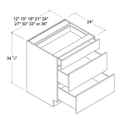 SW-3DB27 — 3-Drawer Base Cabinet - 27”W x 34-1/2”H x 24”D - 3Drw
