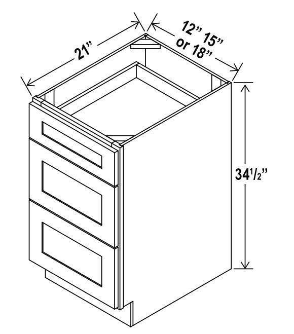 Unlimited Framed — Vanity Drawer Base Cabinet - 15”W x 34-1/2”H x 21”D - 3 Drw — highest-resolution technical cabinet drawing