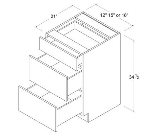 Frameless — Vanity Drawer Base Cabinet - 12"W X 34 1/2"H X 21"D - 3 Drawers — highest-resolution technical cabinet drawing