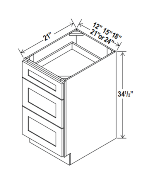 Unlimited Framed — Vanity Drawer Base Cabinet - 24”W x 34-1/2”H x 21”D - 3 Drw — highest-resolution technical cabinet drawing
