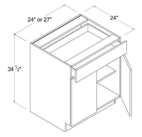 MB-B27 — Base Cabinet - 27"W - 34 1/2"H X 24"D - 2 Doors - 1 Drawer - 1 Shelf