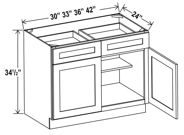 Unlimited Framed — Base Cabinet - 33”W x 34-1/2”H x 24”D - 2D, 2Drw, 1S — highest-resolution technical cabinet drawing