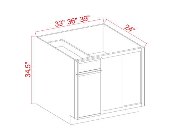 SAG-BBC42 — Blind Base Corner Cabinet - 39"W x 34-1/2"H x 24"D   -1D, 1Drw, 1S
*Install range 43" min., 46" max; Specify Left