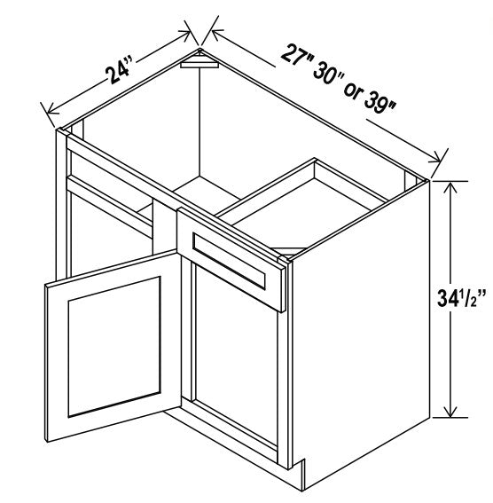 Slim Shaker — Blind Base Corner Cabinet - 33"W x 34-1/2"H x 24"D  -1D, 1Drw, 1S
*Install range 37" min., 40" max; Specify Left-hinge or Right Hinge assembly — highest-resolution technical cabinet drawing