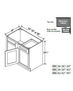GR-BBC36 — Blind Base Corner Cabinet - 33”W x 34-1/2”H x 24”D -1D, 1Drw, 1S
*Install range 36” min., 39” max; Specify Left-hi