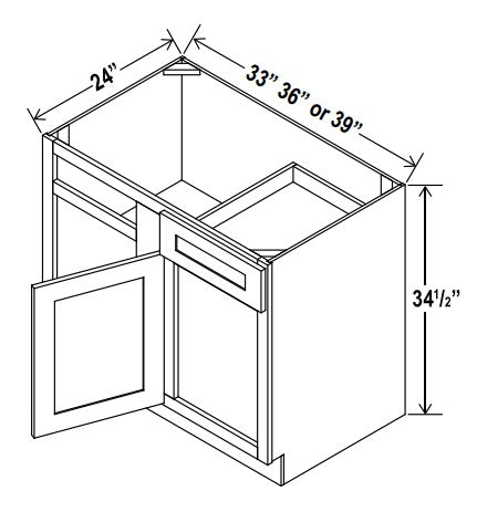 SW-BBC36 — Blind Base Corner Cabinet - 33”W x 34-1/2”H x 24”D -1D, 1Drw, 1S
*Install range 36” min., 39” max; Specify Left-hi