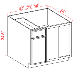 SAG-BBC36 — Blind Base Corner Cabinet - 33"W x 34-1/2"H x 24"D  -1D, 1Drw, 1S
*Install range 37" min., 40" max; Specify Left-