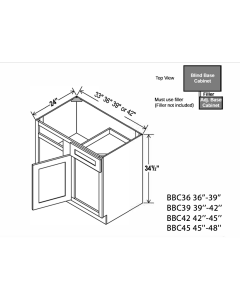Classic Framed — Blind Base Corner Cabinet - 42”W x 34-1/2”H x 24”D -1D, 1Drw, 1S
*Install range 45” min., 48” max; Specify Left-hinge or Right Hinge assem- — highest-resolution technical cabinet drawing