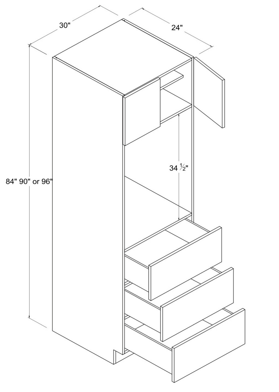 MB-O309024 — Single Oven Pantry - 30"W X 90"H X 24"D - 2 Doors - 3 Drawers