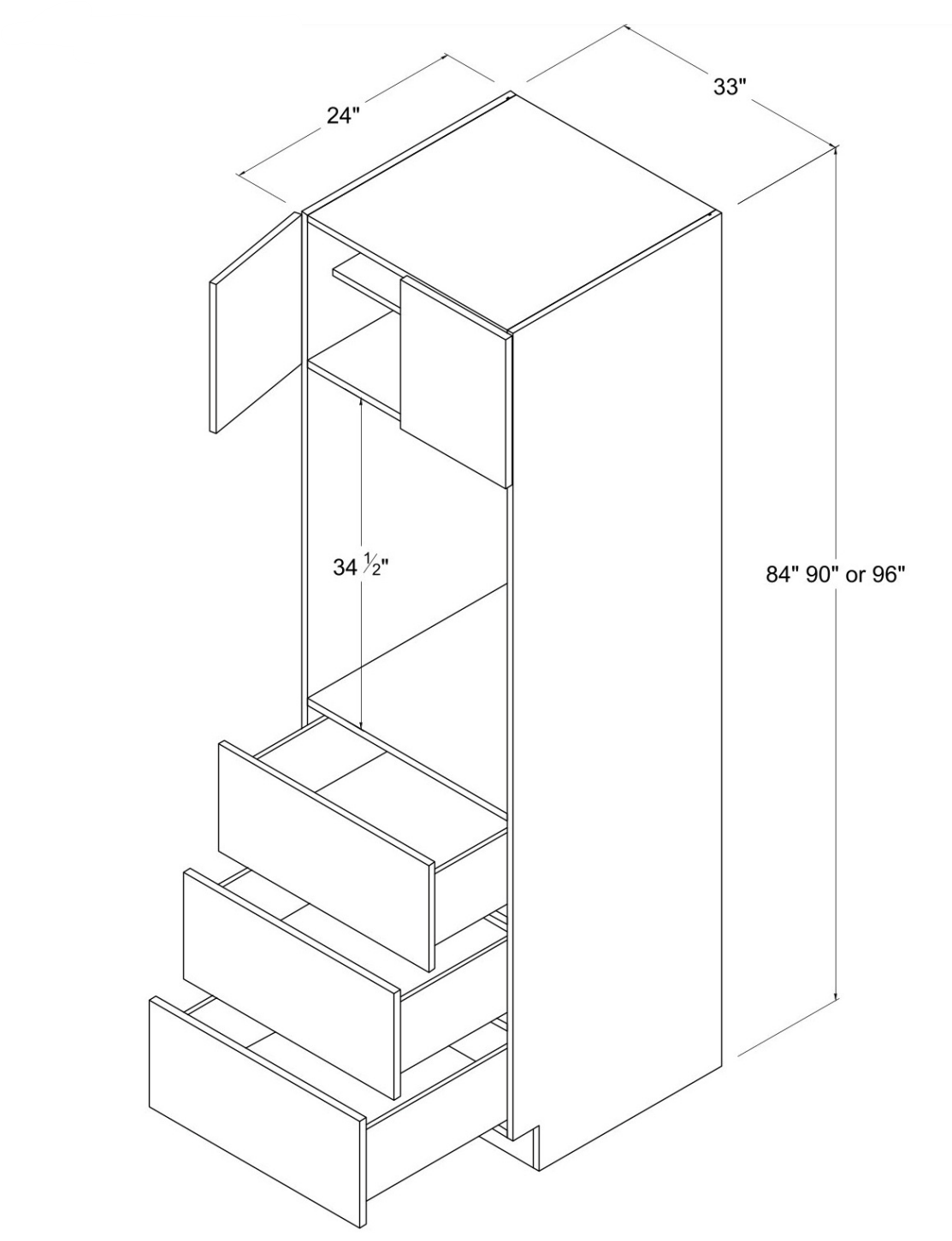 MB-O339624 — Single Oven Pantry - 33"W X 96"H X 24"D - 2 Doors - 3 Drawers - 1 Shelf