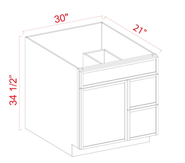 Slim Shaker — Vanity Sink Base - 30"W x 34 1/2" x 21"D - 1 False Front,1D, 2 Right DRW — highest-resolution technical cabinet drawing