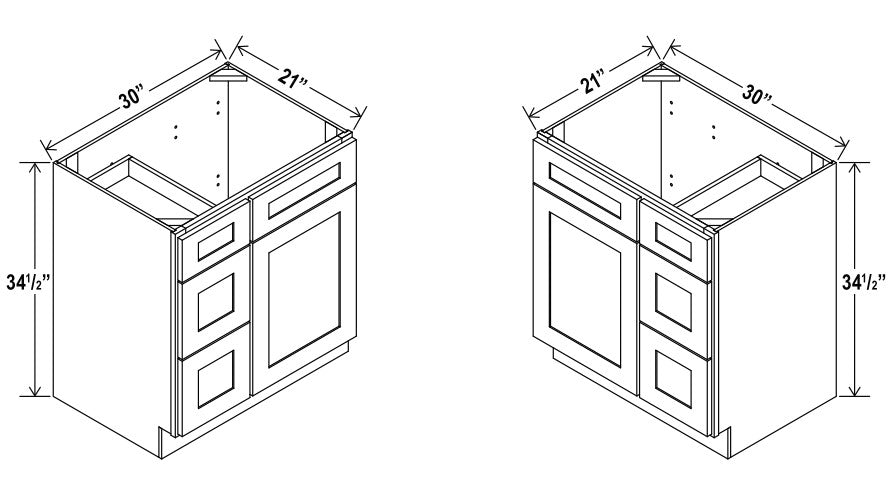 Classic Framed — Vanity Sink Base with 3 Drawers - 30”W x 34-1/2” x 21”D -                                                         1 False drw front, 1D, 3 Left Drw, — highest-resolution technical cabinet drawing