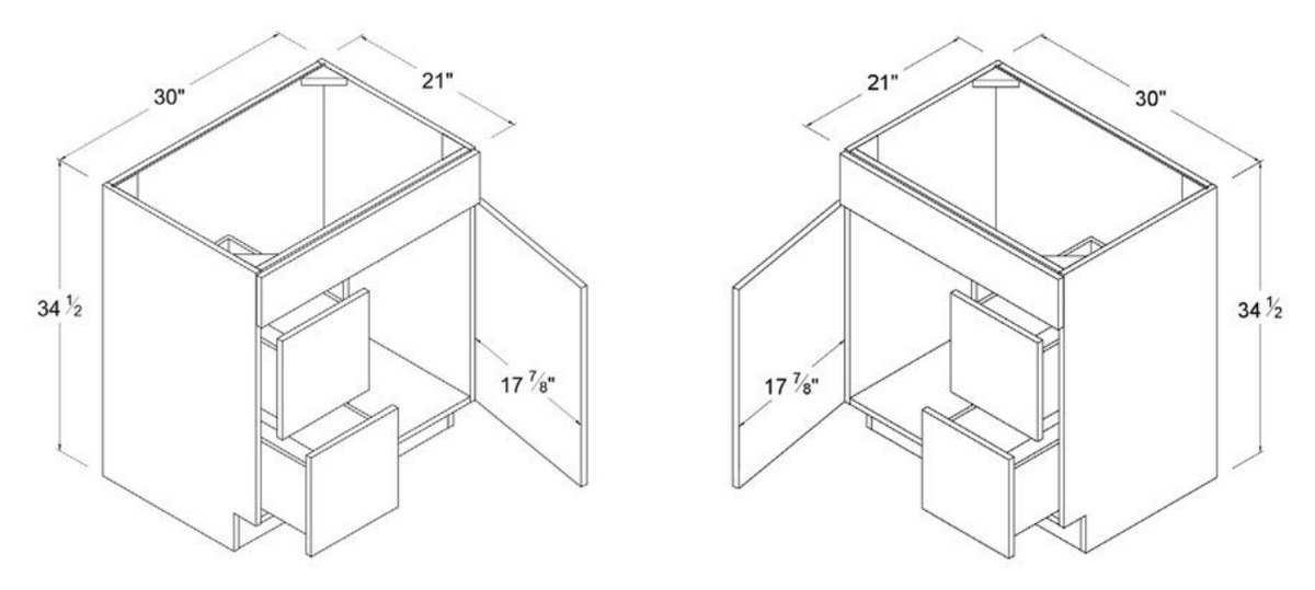 Frameless — Combo Vanity with 2 Drawers on Left - 30"W X 34 1/2"H X 21"D - 1 Door - 1 Long False Drawer Face - Two Drawers on Left-Side — highest-resolution technical cabinet drawing