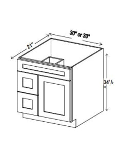 Classic Framed — Vanity Sink Base with 2 Drawers - 33”W x 34-1/2” x 21”D -                                                         1 Top False drw front, 1D, 2 Right Drw, — highest-resolution technical cabinet drawing