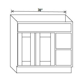 Classic Framed — Vanity Sink Base with 2 Drawers - 36”W x 34-1/2” x 21”D -                                                         1 Top False drw front, 2D, 2 Left Drw, — highest-resolution technical cabinet drawing