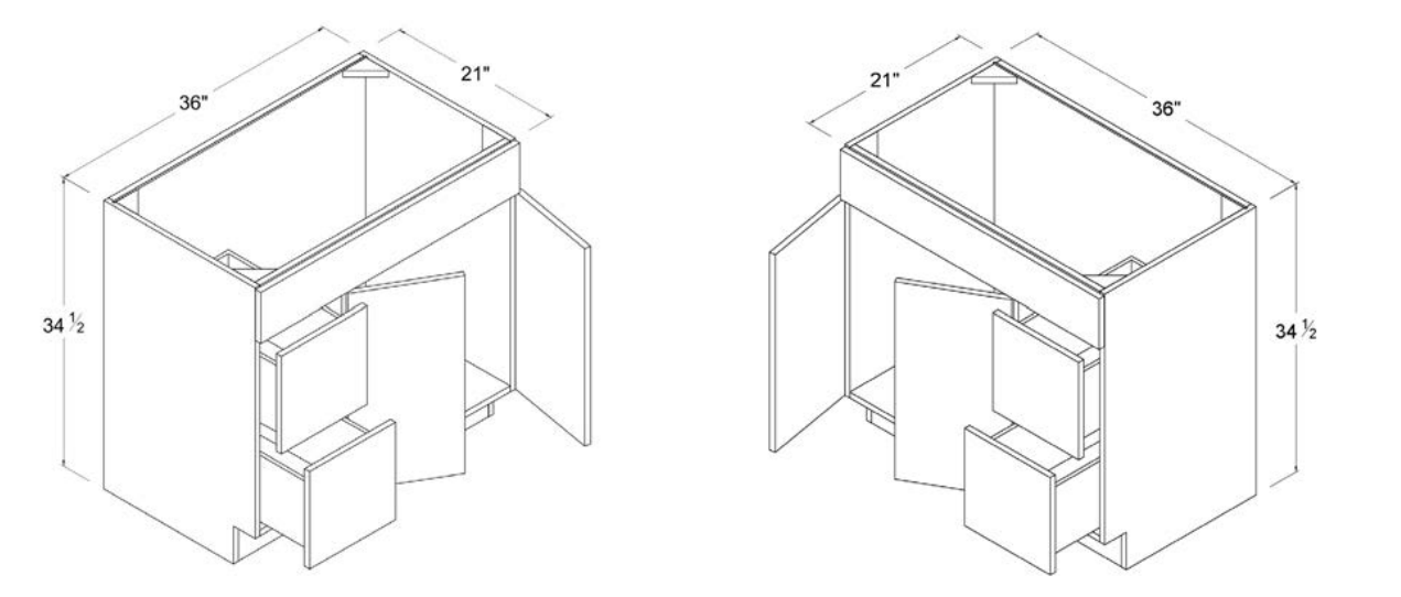 MB-V36TDR — Combo Vanity with 2 Drawers on Right - 36"W X 34 1/2"H X 21"D - 2 Doors - 1 Long False Drawer Face - Two Drawers 