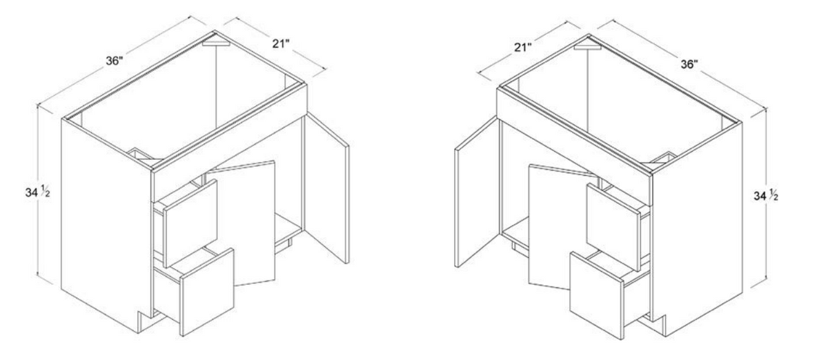 Frameless — Combo Vanity with 2 Drawers on Left - 36"W X 34 1/2"H X 21"D - 2 Doors - 1 Long False Drawer Face - Two Drawers on Left-Side — highest-resolution technical cabinet drawing