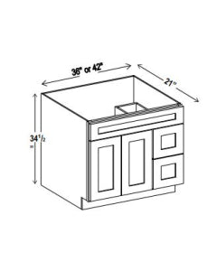 Classic Framed — Vanity Sink Base with 2 Drawers - 42”W x 34-1/2” x 21”D -                                                         1 Top False drw front, 2D, 2 Right Drw, — highest-resolution technical cabinet drawing