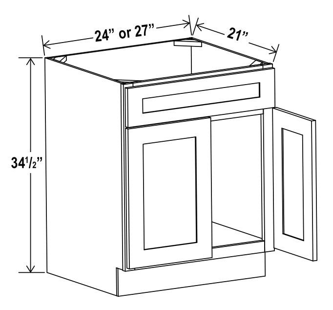 Slim Shaker — Vanity Sink Base Cabinet - 24"W x 34 1/2"H x 21"D — highest-resolution technical cabinet drawing