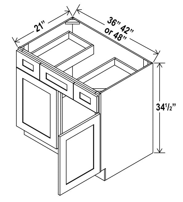 Unlimited Framed — Vanity Sink Drawer Base Cabinet - 42”W x 34-1/2”H x 21”D -                          2 DRW, 1 Middle false drw front, 2D — highest-resolution technical cabinet drawing