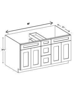 Classic Framed — Vanity Sink Drawer Base Cabinet - 60”W x 34-1/2”H x 21”D -                          2 False Drw front, 4D, 3 Middle Drw — highest-resolution technical cabinet drawing