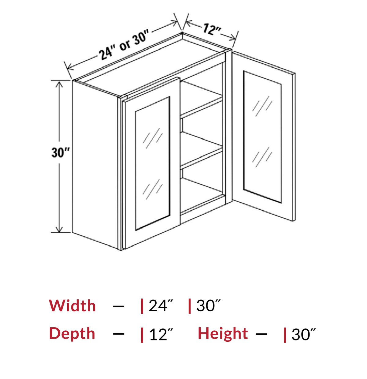 Unlimited Framed — Wall Cabinet with Glass Doors - 24”W x 30”H x 12”D - 2D, 2S — highest-resolution technical cabinet drawing