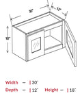 SAG-W3018GD — Wall Glass Door Cabinet - 30"W x 18"H x 12"D - 2D