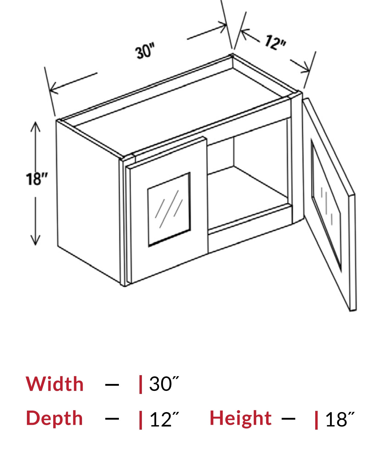 Slim Shaker — Wall Glass Door Cabinet - 30"W x 18"H x 12"D - 2D — highest-resolution technical cabinet drawing